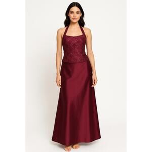 Vtg Y2K  Zum Zum Niki Livas wine Taffeta Iridescent Skirt & sequin halter Top XS